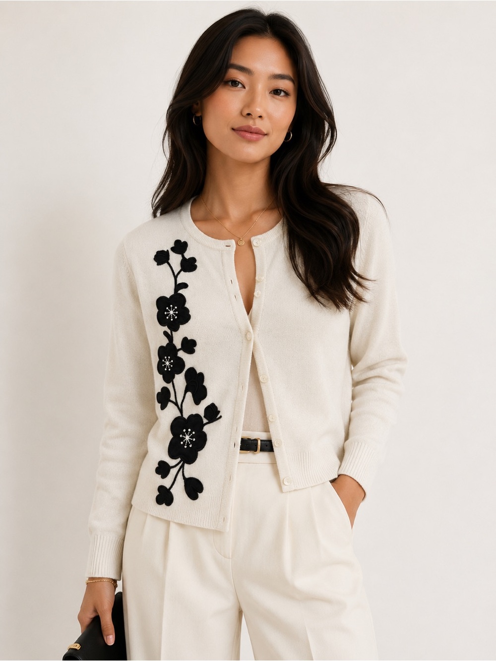 Apostrophe Wool Blend Floral Appliqué Cardigan Sweater Button-Up Sz L Office